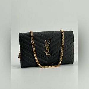 Saint Laurent Cassandre Matelasse Black Leather Wallet On Chain